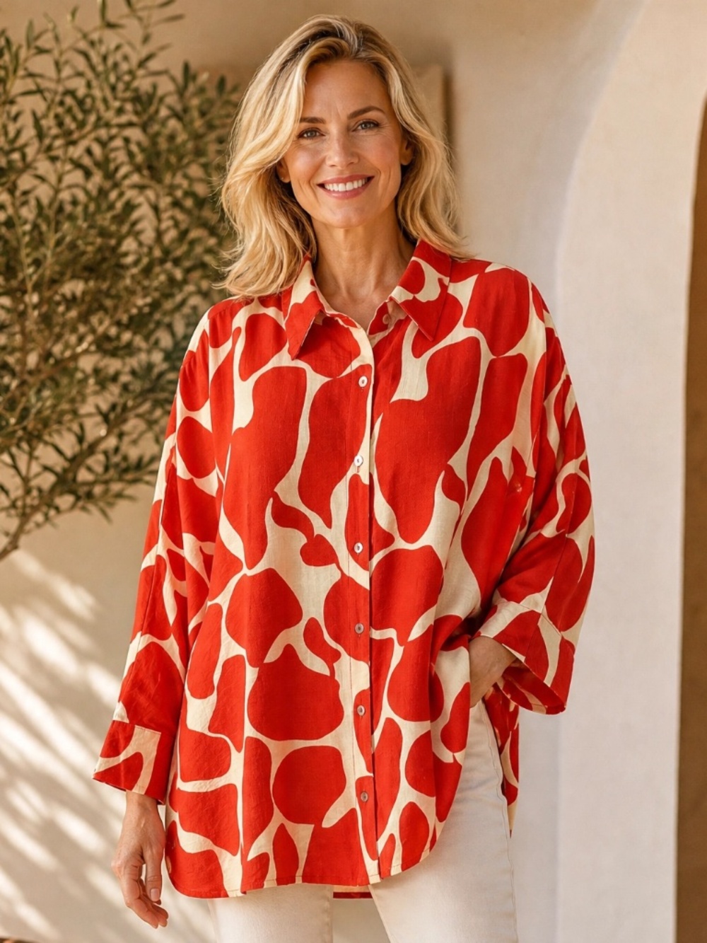 Umgee Red Abstract Print Oversized Button Front Blouse L NWOT